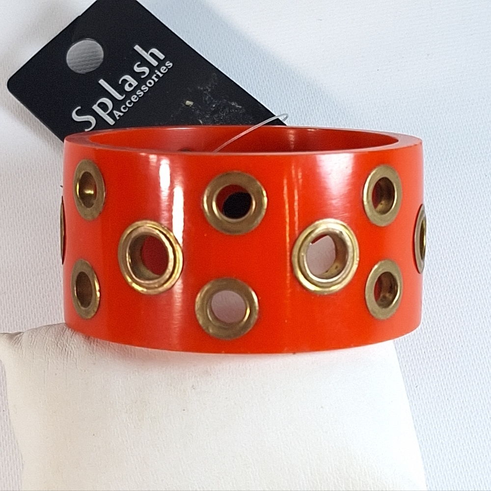 NWT Vintage Splash Wide Cuff Orange Plastic with Brass Bangle Bracelet
